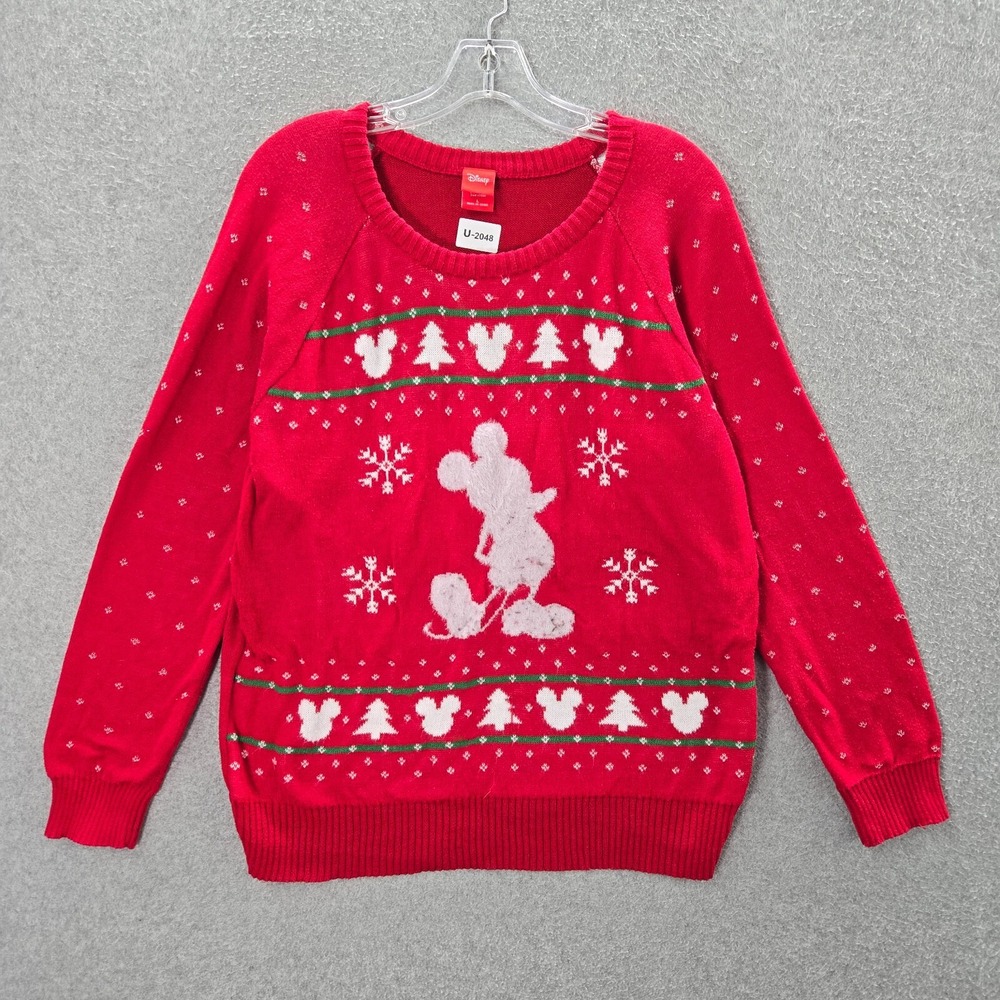 Disney Women Sweater Large Red Mickey Mouse Christmas Holiday Long Sleeve